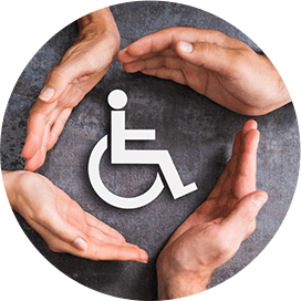 Image of hands in a circle with the ADA wheelchair symbol in the middle