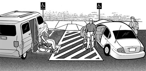 Image of a compliant van and standard accessible parking stalls.