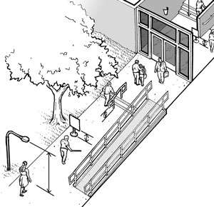 Image showing inclusive design with a set of stairs with a ramp adjoined to the right to an entrance into a facility.