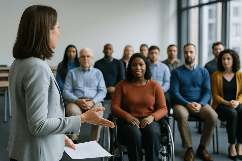 The image shows individuals including those with a disability participating in a public meeting.
