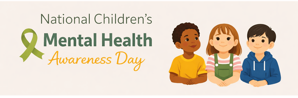 National Children's Mental Health Awareness Day with three kids and a green ribbon displayed